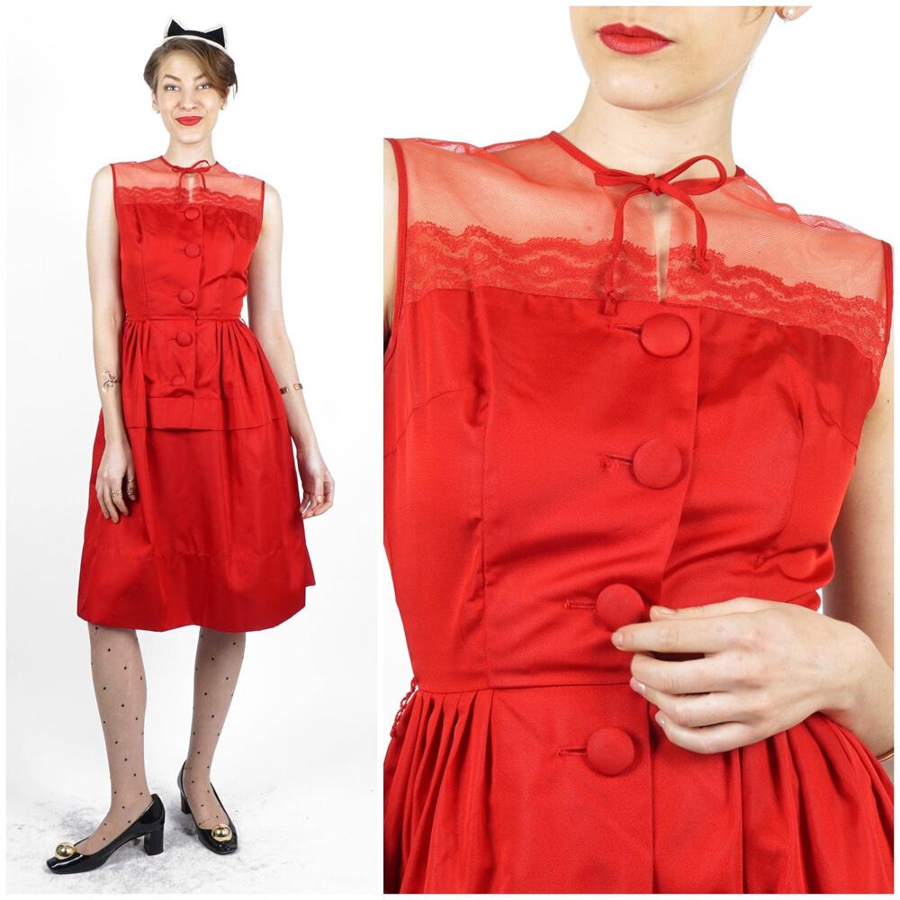 Vintage 50s/60s Red Sleeveless Party Dress Illusion Bodice Vicky Vaughn | XS/Sm